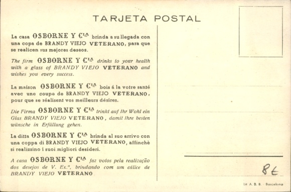 Postcard advertising, alcohol Osborne, brandy, bullfighting