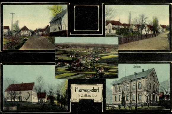 Ak Herwigsdorf Rosenbach in Oberlausitz, algemeen beeld, straatgedeelten, school