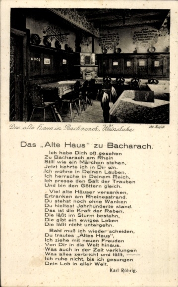Postcard Bacharach am Rhein, Gasthaus Altes Haus, poem by Karl Röhrig