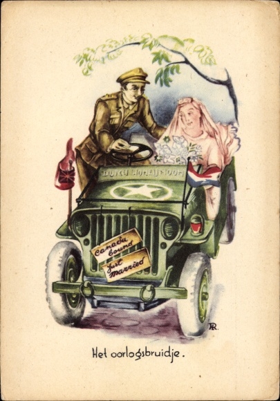 Artist Postcard Patriotik Netherlands, war bride, Canadian soldier