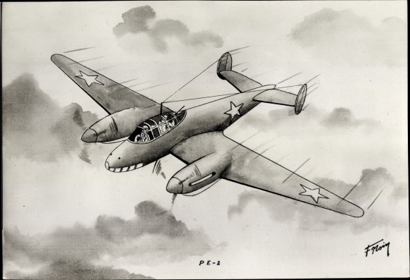 Artist Postcard Russian military aircraft PE-2
