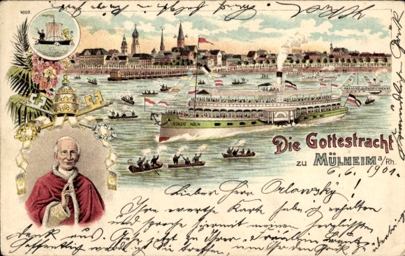 litho Mülheim Keulen aan de Rijn, Het Goddelijke Kostuum, Corpus Christi Processie, Salonstoomboot Stad Keulen
