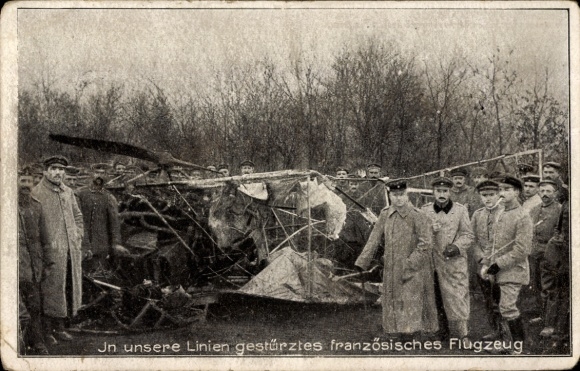 Postcard German soldiers, crashed French plane, WWI