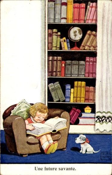 Artist Postcard Wills, John, Girl in armchair, thick book, dog