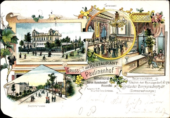 Litho Berlin Pankow Wilhelmsruh, Restaurant Paulinenhof, Tanzsaal, Bauernschänke, Niederstraße