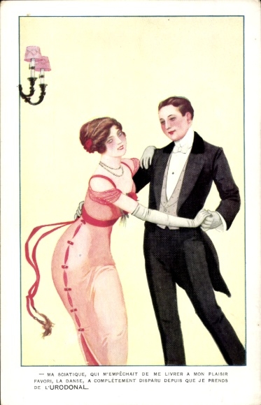 Postcard dancing couple, advertising, urodonal