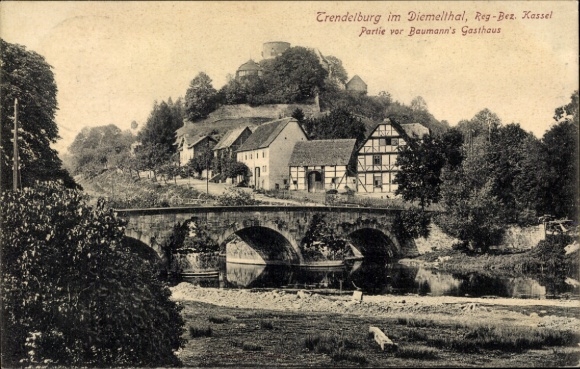 Postcard Trendelburg in Hesse, Baumann's-Gasthaus, Bridge