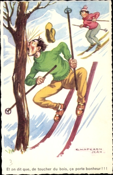 Artist PC Chaperon, J., skier hit a tree, skiing