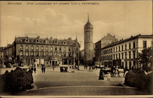 Postcard Darmstadt in Hesse, Ernst Ludwigsplatz, white tower, tourist office