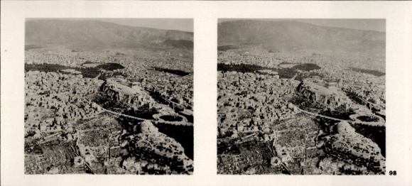 Stereo spatial image photo flying and winning No. 98, first German plane over Athens