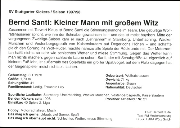 Autograph card footballer Bernd Santl, SV Stuttgarter Kickers, autograph
