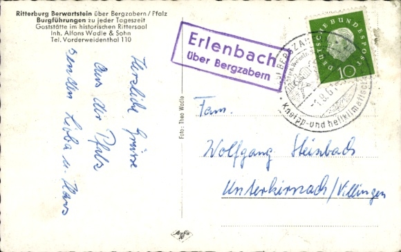 KP Landpoststempel Erlenbach przez Bergzabern