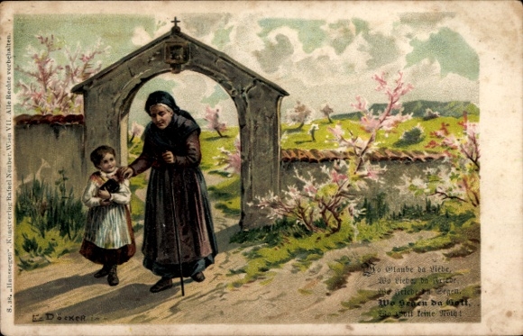 Kunstenaar litho Döcker, E., Vrouw wandelend met kleindochter, pop, poort