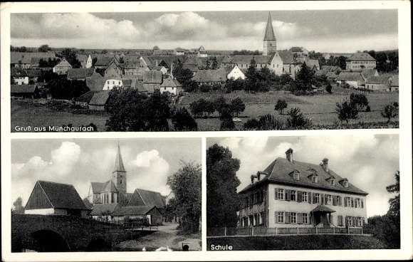 Ak Münchaurach Aurachtal in Midden-Franken, algemeen beeld, kerk, school