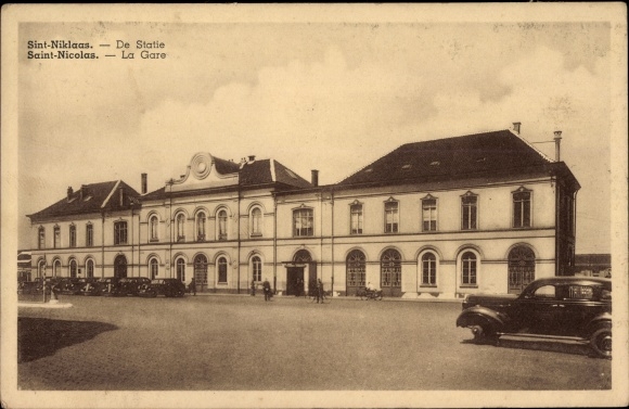 Ansichtkaart Sint Niklaas Oost-Vlaanderen, treinstation, auto's