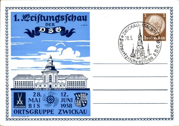 Postal stationery artist Postcard Rohle, E., Zwickau, 1st exhibition of the DSG 1938, King Albert Museum
