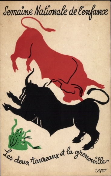 Artist Postcard Lesourt, The Two Bulls and the Frog, Fable, National Children's Week