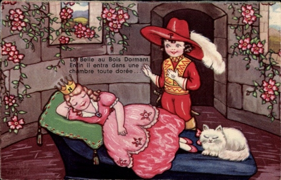 Artist Postcard Boriss, M., Sleeping Beauty, Doornroosje, Sleeping Girl, Prince, Cat