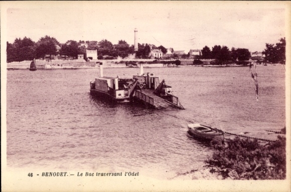 Ak Bénodet Finistère, Bac traversant l'Odet, Fluss, Fähre, Landschaft