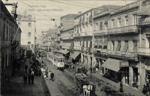Postcard Vigo Galicia, Calle del Principe, street section, tram, shops