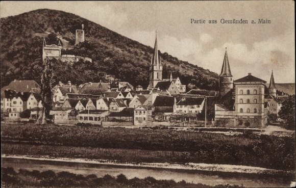 Postcard Gemünden am Main in the Main Spessart district, panoramic view of the city