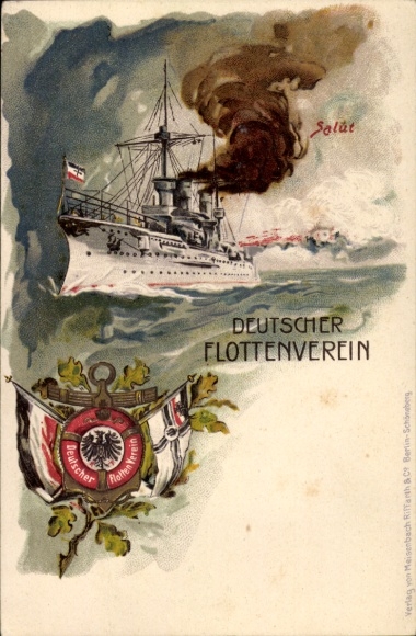 Chromo-Litho German Fleet Association, German warship, salute, flags, Imperial Navy