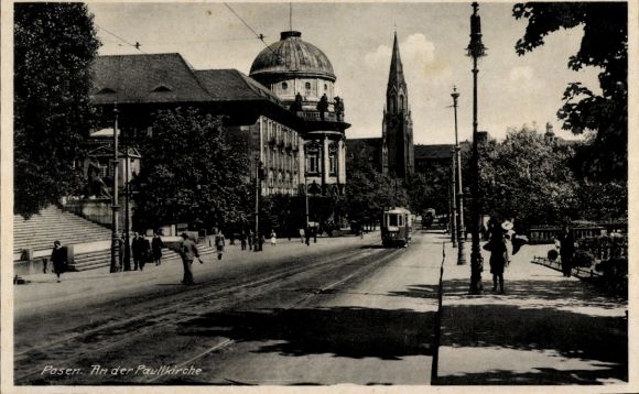 Photo Postcard Poznań Posen, Paulikirche, tram