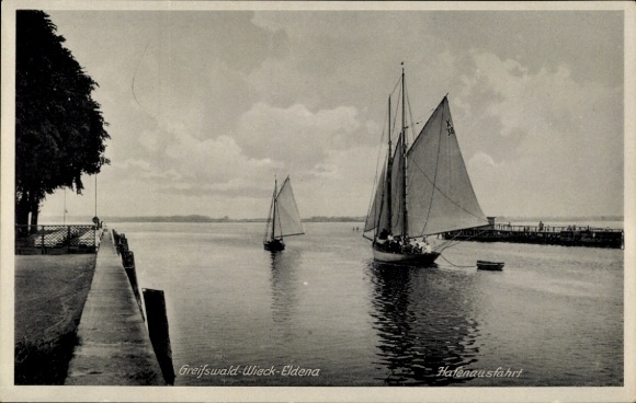 Ak Wieck Eldena Greifswald, Hafenausfahrt, Segelboote