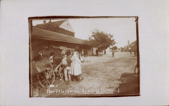 Photo Postcard Ćuprija Serbia, market life, farmers, wagon