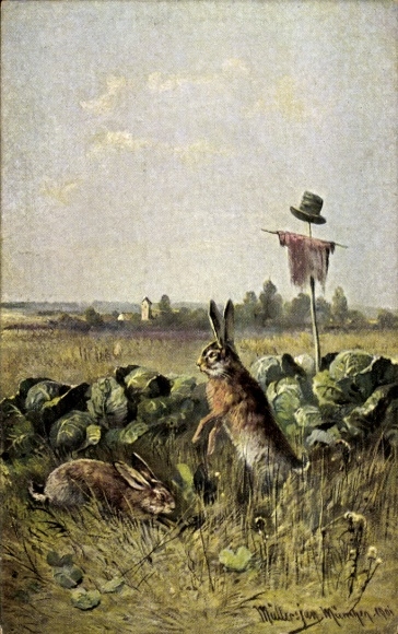 Künstler Litho Müller, Hasen essen Kohl, Gemüse, Vogelscheuche