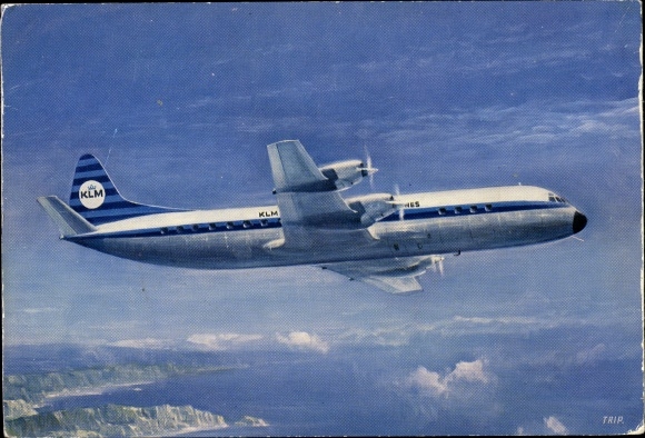 Postcard Dutch passenger aircraft, KLM, Lockheed Prop Jet Electra II