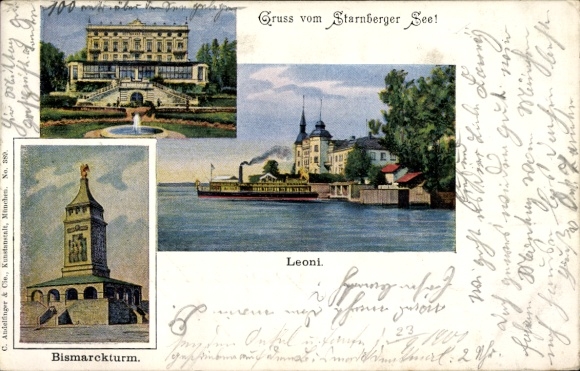 Postcard Starnberg on Lake Starnberg Upper Bavaria, historical building, Bismarck Tower, steamship, Ansi