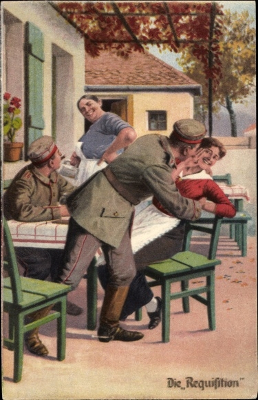 Artist Postcard The Requisition, soldiers with women in front of the tavern, kiss, always professional, I. WK