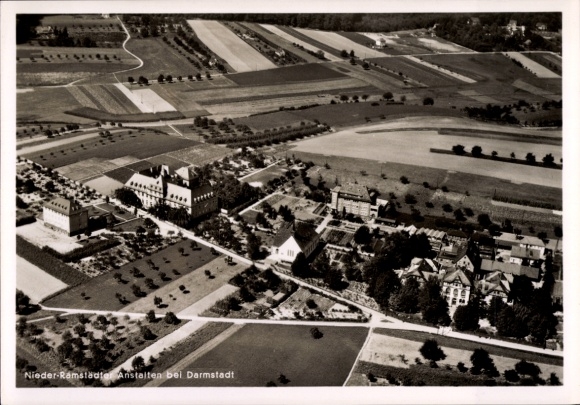 Postcard Nieder Ramstadt Mühltal in the Odenwald, Nieder-Ramstädter Anstalten, aerial photograph