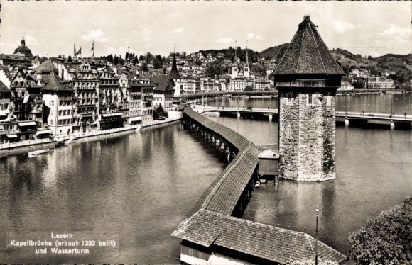 Postcard Lucerne City Switzerland, Chapel Bridge with Water Tower