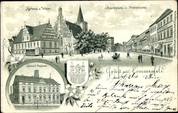 Chromo-Litho Sommerfeld Kremmen in Brandenburg, market square, post street, post office, town hall, town church