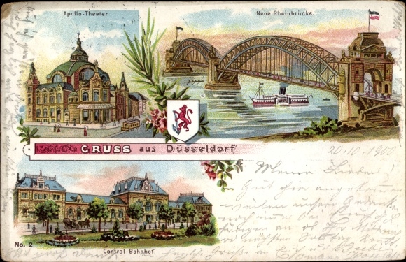 Chromo-Litho Düsseldorf am Rhein, city views, Apollo Theater, new bridge over the Rhine, central station