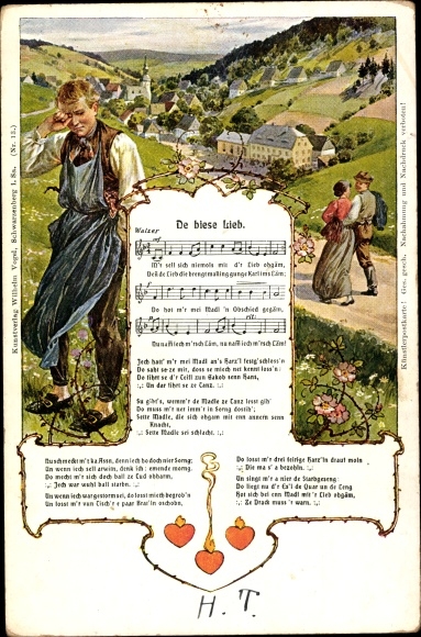 Song Postcard Vogel, Wilhelm, De biese Lieb, Erzgebirge, lovers, crying man