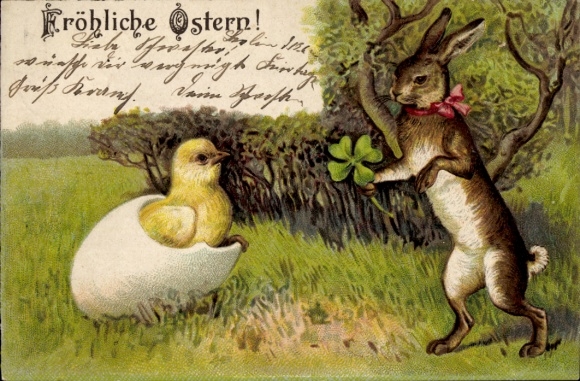 Präge Litho Glückwunsch Ostern, Osterhase, Glücksklee, Küken