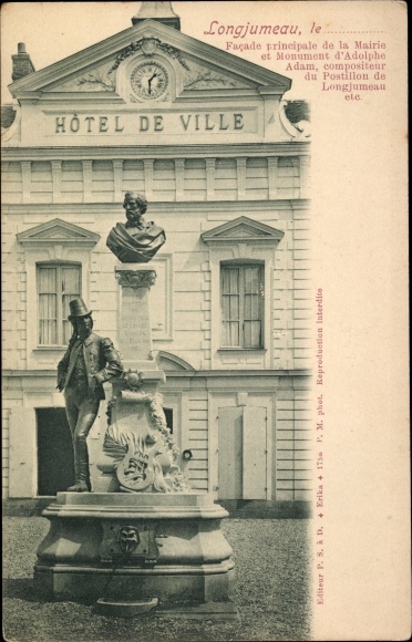 Postcard Longjumeau Essonne, town hall, monument to Adolphe Adam