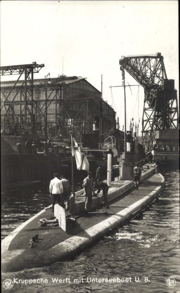 Postcard German submarine, U boat, U 8, Kruppsche Werft Kiel, NPG, GLK