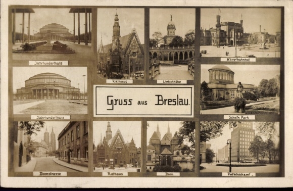 Postcard Wrocław Breslau Silesia, Ring, Town Hall, Centennial Hall, Main Station, Post Office