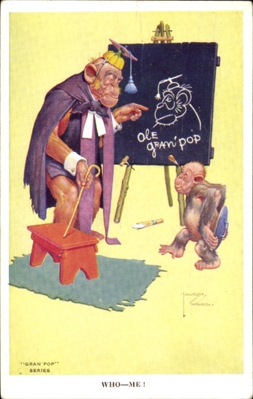 Artist Postcard Wood, Lawson, humanized monkeys, grandfather, panel