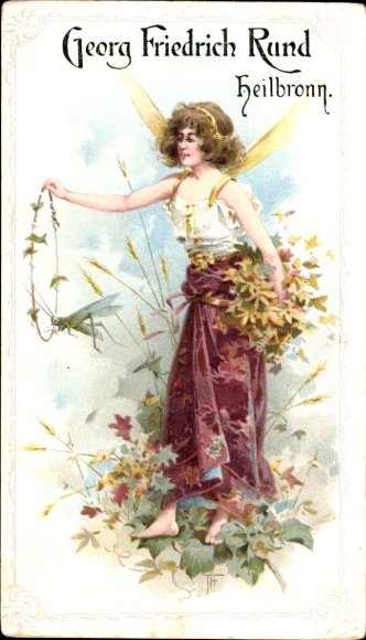 Artist Postcard Elf with flowers, grasshopper, Heilbronn am Neckar, Georg Friedrich Rund Specialties