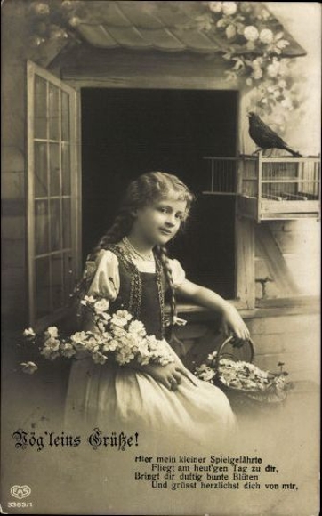 6 old Postcard series young girl with flower basket and bird &quot;Vög&#39;leins Greetings!&quot;