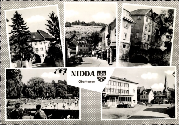 Passepartout Postcard Nidda in the Hessian Wetterau, outdoor pool, town mill, savings bank, Hermann Schneider