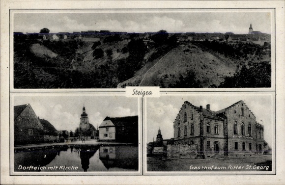 Ak Steigra in Saalekreis, totaal uitzicht, vijver, kerk, Gasthof zum Ritter Sankt Georg