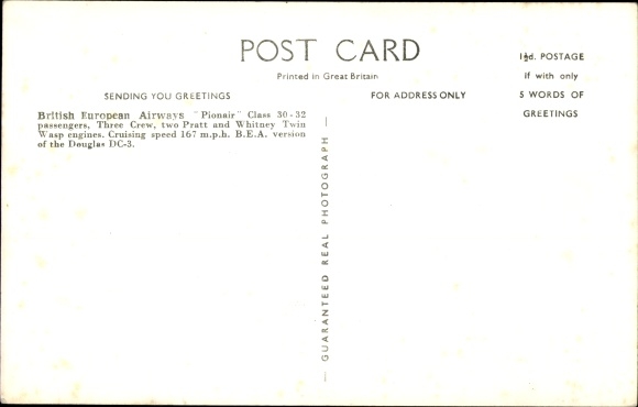 Postcard British passenger aircraft, British European Airways, Douglas DC 3, Pionair, G AGJW