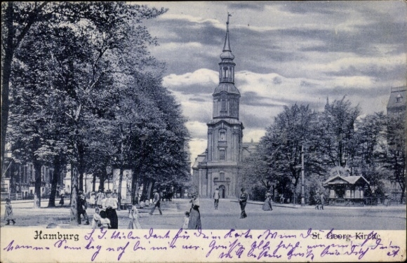 Postcard Hamburg Mitte St. Georg, St. Georg Church, trees, people on the street