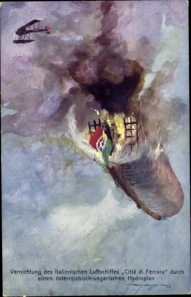 Artist PC Heusser, Harry, Austria. Military aircraft, destruction of the Italian airship Citta di Ferrara